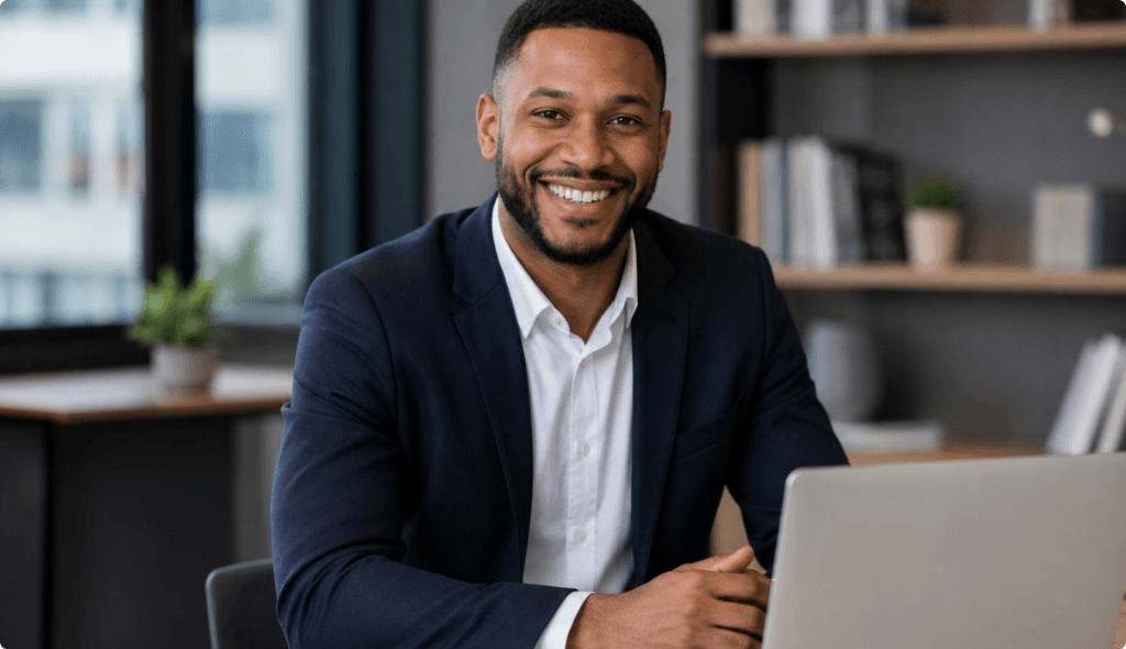 Ambitious executive smiling at desk with laptop in professional setting